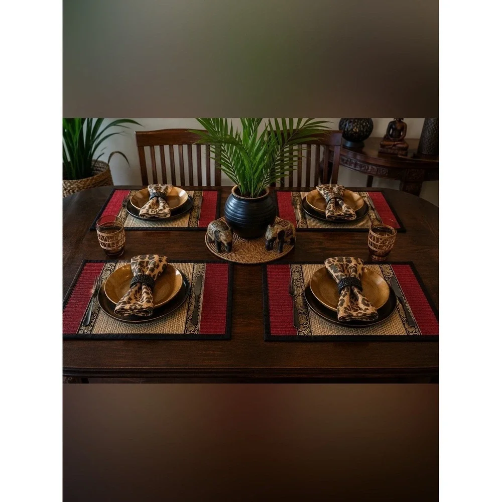NWOT African Safari Woven Bamboo Placemats Set of 4 + 3 Matching Elephant Coaste